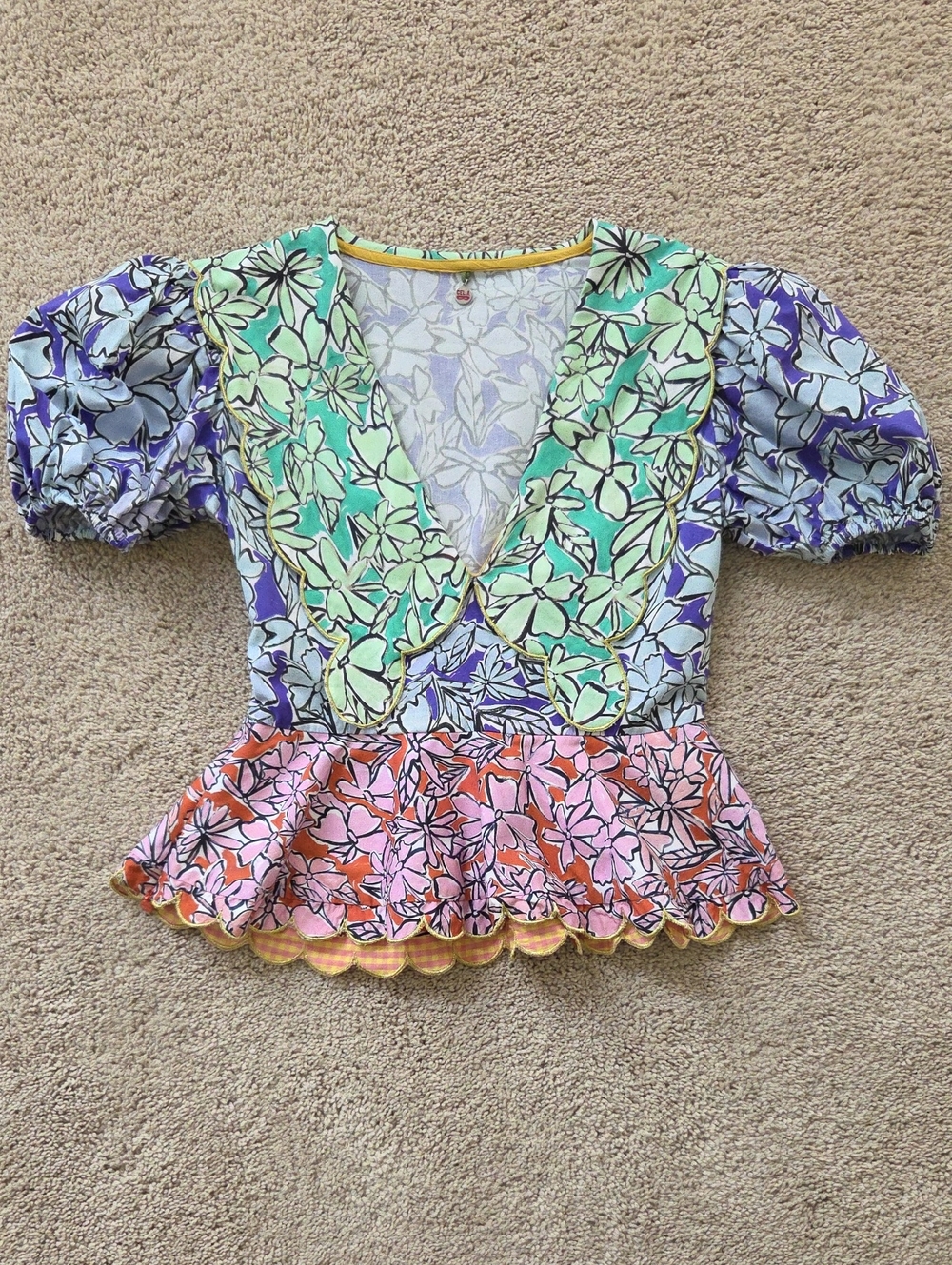 CeliaB Multi-Color Floral Scalloped Peplum Blouse with Puff Sleeves